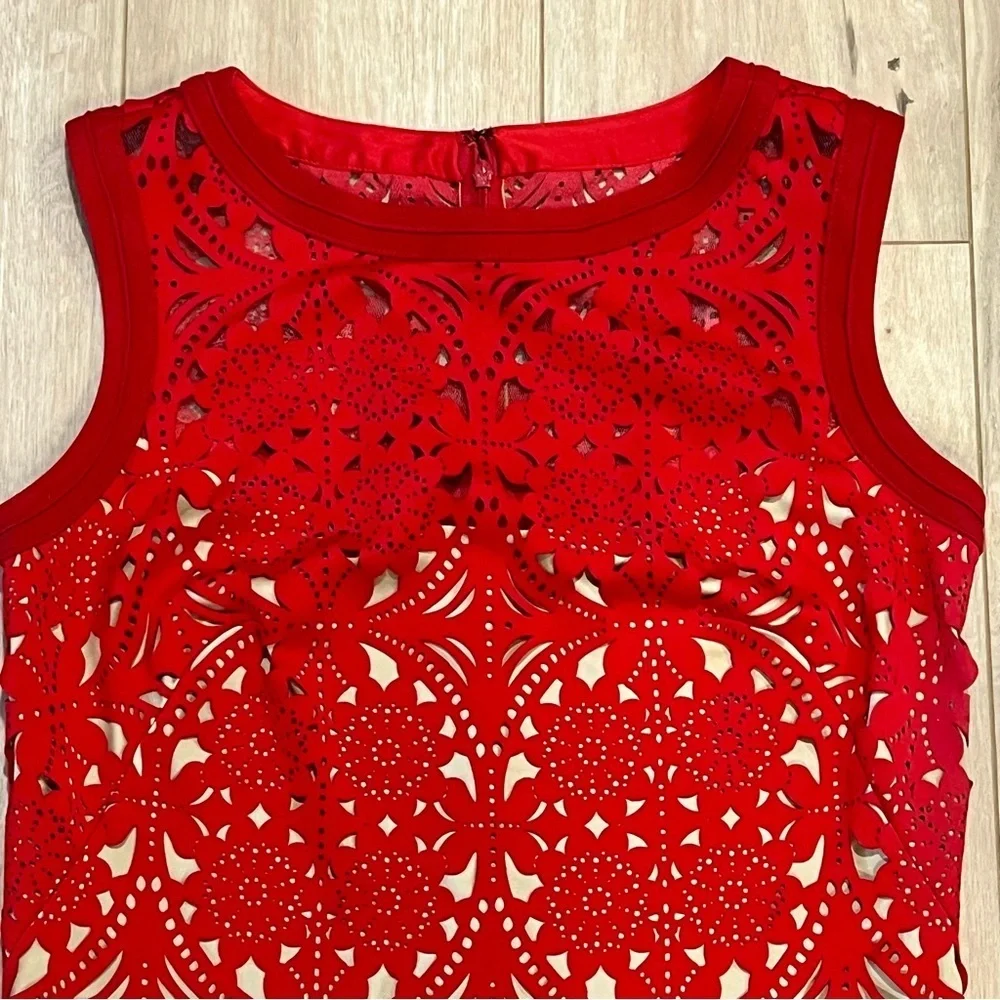 Tadashi Shoji Red Laser Cut Suede Sheath Knee Length Dress Size medium - Picture 8 of 16